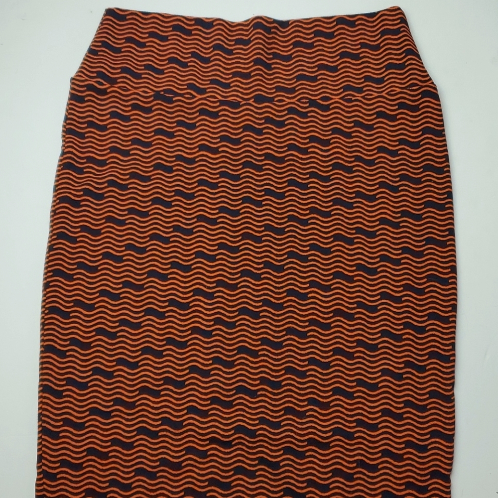NWOT Lularoe Cassie pencil skirt navy and orange wavy pattern medium
